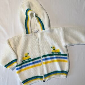 Vintage 90s Rubber Duck Gender Neutral Knitted Zip Up Hooded Sweater Jacket 18mo